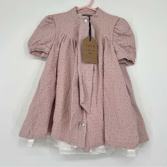 COCO AU LAIT British Embroidery Tie Collar Short Puff Sleeve Dress 2Y - Picture 1 of 7
